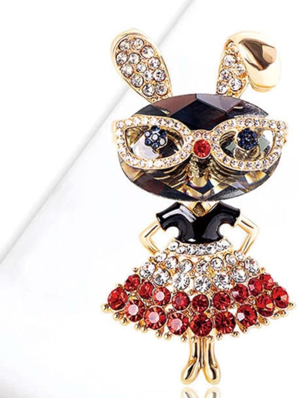 NEW! Cute Crystal Bunny Brooch Pin in Red, Black & Gold with Glasses - Picture 2 of 6